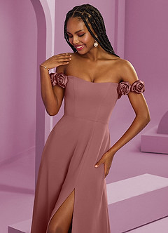 Barbie ♥ Azazie Suknie dla druhen Rozkloszowana szyfonowa sukienka z odkrytymi ramionami i kwiatowymi rozetkami image4