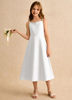 Azazie Jaella Girls Formal Blomsterpigekjoler A-Line Plisseret Mat satin Te-længde Kjole image2