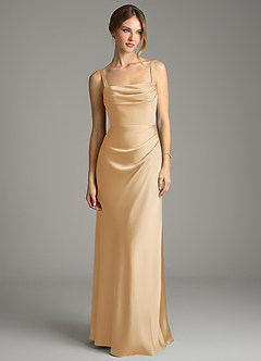 Azazie Alouette Bridesmaid Dresses Gold Mermaid Pleated Stretch Satin Dress image3