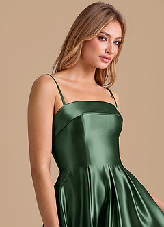 Azazie Lucienne At-home Try On Dresses Dark Green A-Line Pleated Metallic Satin Dress image7