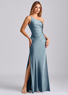 Azazie Marseli Final Sale Dusty Blue Mermaid One Shoulder Stretch Satin Dress image4