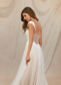Azazie Katia Abiti da Sposa Abito A-Line in Tulle Pizzo Diamante Bianco Nudo image6