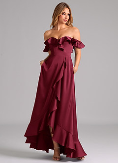 Azazie Lyra Bridesmaid Dresses Burgundy A-Line Off the Shoulder Stretch Satin Convertible Dress image3
