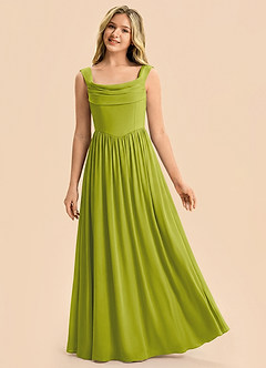 Azazie Novi Junior Lemongrass A-Line Pleated Stretch Satin Dress image3
