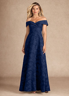 Azazie New London Mother of the Bride Dresses Dark Navy Jacquard A-Line Pleated Floral Burnout Dress image3