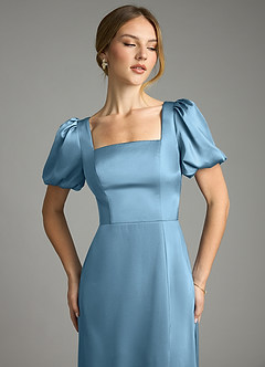 Azazie Fyona Vestidos de damas de honor Vestido de Azul Acero de Satén Elástico de Corte en A con Plisado image6