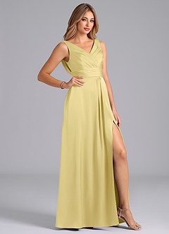 Azazie Karina Bridesmaid Dresses Lemon Sorbet A-Line Pleated Stretch Satin Dress image5
