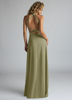 Azazie Clarice Bridesmaid Dresses Pistachio A-Line High Neck Stretch Satin Dress image3
