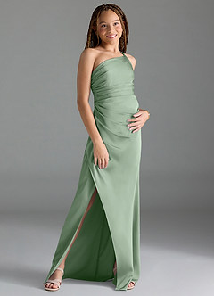 Azazie Eren Junior Matcha Sheath Pleated Stretch Satin Dress image3