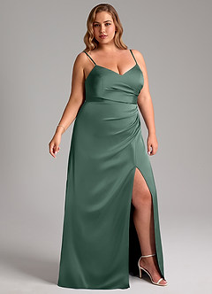 Azazie Azuree At-home Try On Dresses Dusty Sage A-Line Pleated Stretch Satin Dress image12