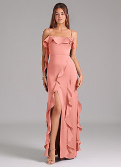 Azazie Malia Bridesmaid Dresses Coral A-Line Side Slit Stretch Satin Dress image3