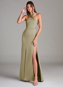 Azazie Rue Bridesmaid Dresses Moss Green A-Line Pleated Stretch Satin Dress image1