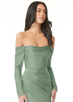 Azazie Hallie Bridesmaid Dresses Matcha Sheath Off-The-Shoulder Long Sleeve Stretch Satin Convertible Dress image1