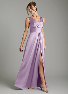 Azazie Karina Bridesmaid Dresses Frosted Lilac A-Line Pleated Stretch Satin Dress image4