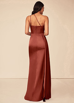 Azazie Maron Bridesmaid Dresses Terracotta A-Line One Shoulder Stretch Satin Dress image2