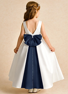 Azazie Cherry Flower Girl Dresses Ivory Dark Navy Ball-Gown Pleated Matte Satin Dress image1