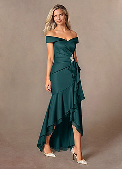 Azazie Billings Mother of the Bride Dresses Pine Mermaid Off the Shoulder Stretch Satin Dress image6