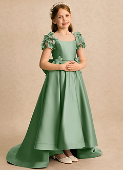 Azazie Charity Robe Demoiselle D'honneur Fillette Robe Trapèze en Mat Satiné avec manches Matcha image4