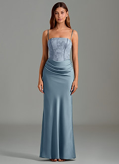 Azazie Emilia Bridesmaid Dresses Dusty Blue Mermaid Strapless Stretch Satin Dress image5