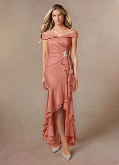 Azazie Billings Mother of the Bride Dresses Salmon Pink Mermaid Off the Shoulder Stretch Satin Dress image6
