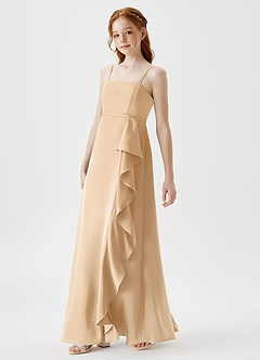 Azazie Kaylee Junior Gold A-Line with Belt Stretch Satin Dress image4