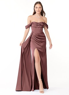 Azazie Amyra Bridesmaid Dresses Vintage Mauve Sheath Off the Shoulder Stretch Satin Convertible Dress image1