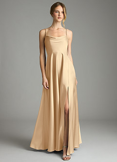 Azazie Elle Bridesmaid Dresses Champagne A-Line Pleated Stretch Satin Dress image1