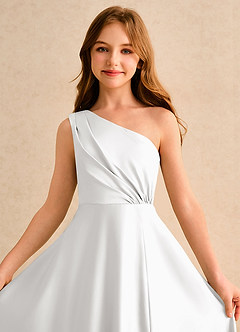 Azazie Puddles Girls Formal Flower Girl Dresses White A-Line One Shoulder Matte Satin Dress image2