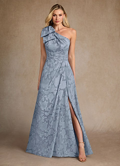 Azazie Easton Vestidos para mãe da noiva Vestir Azul Empoeirado de Esgotamento Floral de Vestido de baile com Um ombro image1