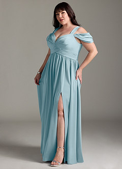 Azazie Lianne Bridesmaid Dresses Moody Blue A-Line Off the Shoulder Stretch Satin Dress image13