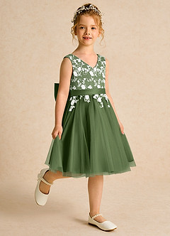 Azazie Butterfly Flower Girl Dresses Olive A-Line Lace Dress image3