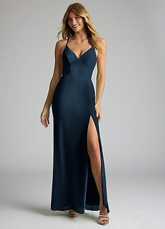Azazie Becca Bridesmaid Dresses Dark Navy Sheath V-Neck Chiffon Dress image3