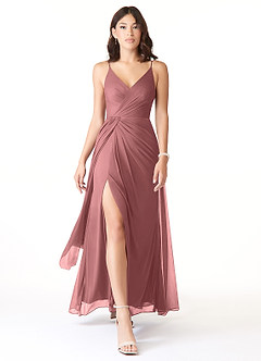 Azazie Evalin Brautjungfernkleider A-Linie V-Hals Gefaltet Gittergewebe Kleid Wüstenrose image1