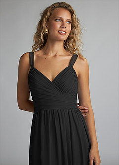 Azazie Aziza Bridesmaid Dresses Black A-Line V-Neck Pleated Chiffon Dress image5