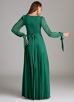 Azazie Leonia Bridesmaid Dresses Emerald A-Line Long Sleeve Mesh Dress image4