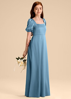 Azazie Briar Junior Abito A-Line in Raso Elasticizzato Fiocco Blu Acciaio image4