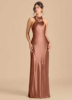 Azazie Velli 신부 들러리 드레스 쉬스 하이넥 메탈릭 새틴 바닥 길이 드레스 image2