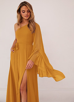 Barbie ♥ Azazie Bridesmaid Dresses Butterscotch A-Line Long Sleeve Chiffon Dress image5