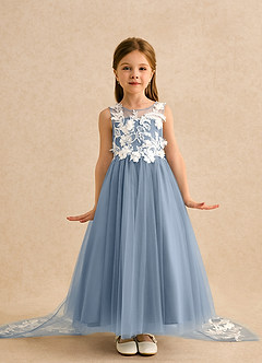 Azazie Mixie vestidos de niña de las flores Vestido de Azul Polvoriento de Encaje de Corte Princesa image2