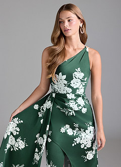 Azazie Maron Bridesmaid Dresses Green Botanicals A-Line One Shoulder Stretch Satin Dress image2