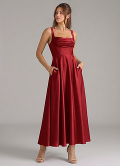 Azazie Shaude Bridesmaid Dresses Scarlet A-Line Pleated Stretch Satin Dress image3