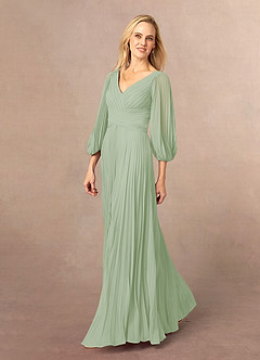 Azazie Zahara vestidos de madre de la novia Vestido de Salvia Polvorienta de Gasa de Corte En A con Cuello en V plisado image3