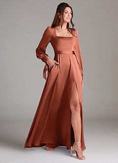 Azazie Leonia Bridesmaid Dresses Clay A-Line Long Sleeve Stretch Satin Dress image4