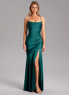 Azazie Grata Bridesmaid Dresses Peacock Sheath Side Slit Stretch Satin Dress image3
