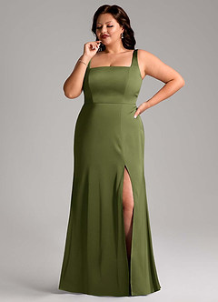 Azazie Frostine Vestidos de damas de honor Vestido de Oliva de Satén Elástico de Corte en A con Lazo image8