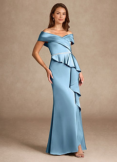 Azazie Dareia Abiti per la Madre della Sposa Abito Sirena in Raso Elasticizzato a Spalla Scoperta Blu Acciaio image4