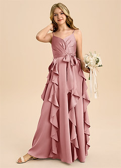 Azazie Peyton Junior Robe Trapèze en Satin extensible Plissée Rose Poussiéreuse image3