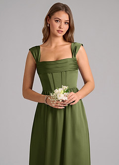Azazie Hattie Bridesmaid Dresses Olive A-Line Corset Stretch Satin Dress image6