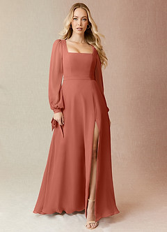 Azazie Leonia Bridesmaid Dresses Clay A-Line Long Sleeve Chiffon Dress image3