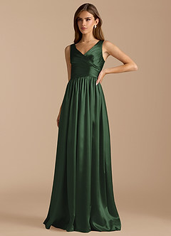 Azazie Keyla Bridesmaid Dresses Eucalyptus A-Line Pleated Metallic Satin Dress image5